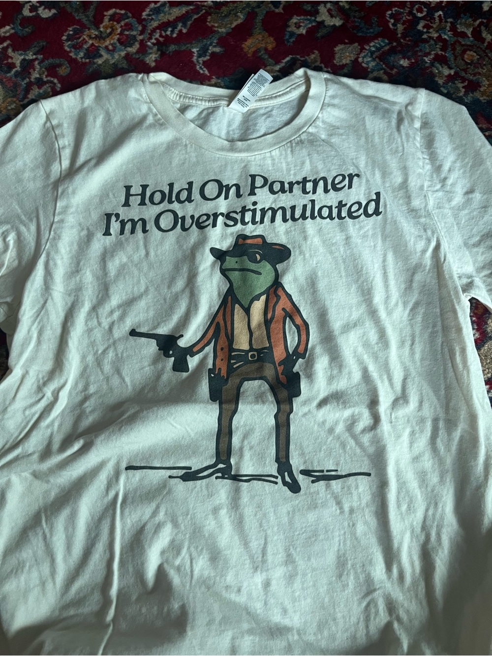 Graphic Tee - 'Hold On Partner I'm Overstimulated' Frog Print - White